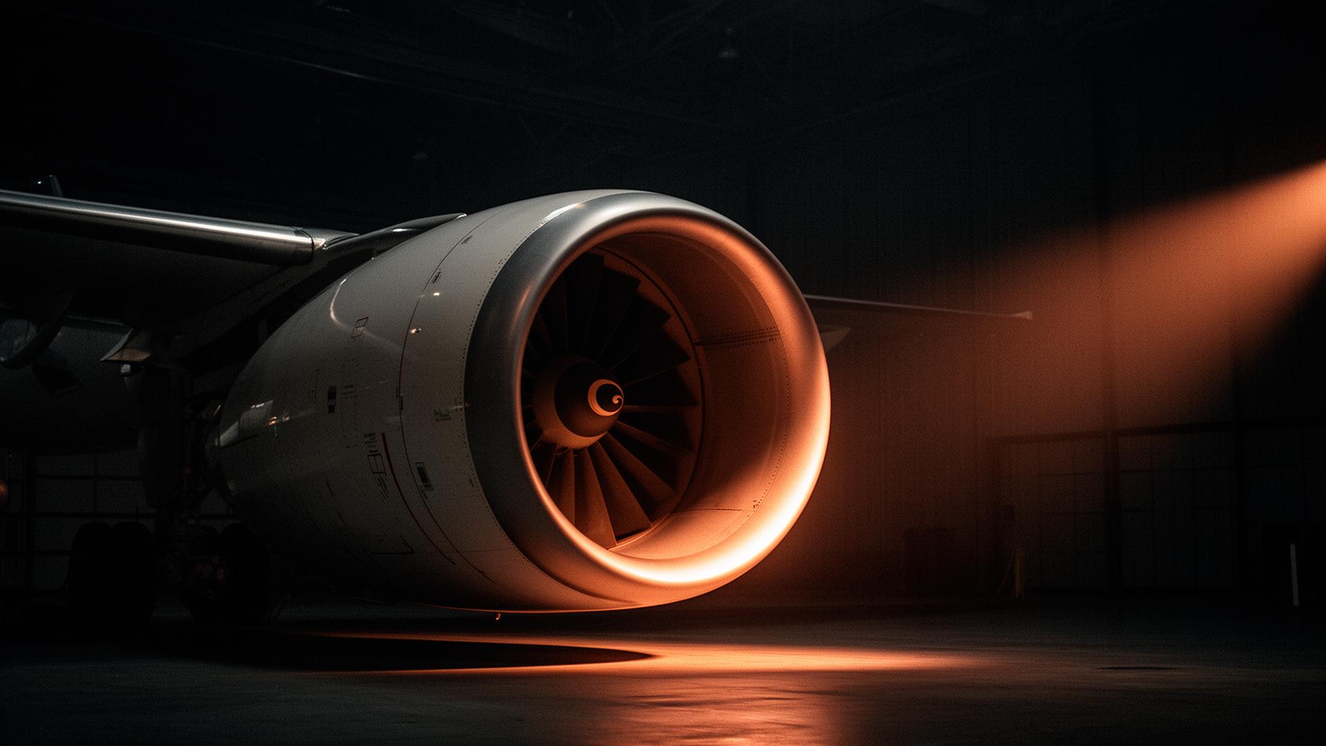 CFM56 commercial jet engine illuminated in a darkened aerospace hangar